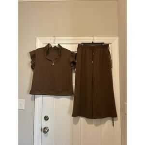 Women's Brown Size XL 2 Piece Outfits Quilted Tops and Wide Leg Pants Casual Set